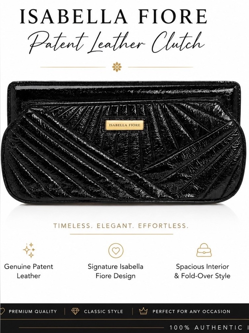 Isabella Fiore Black Quilted Patent Wristlet Clutch with Gold Plaque